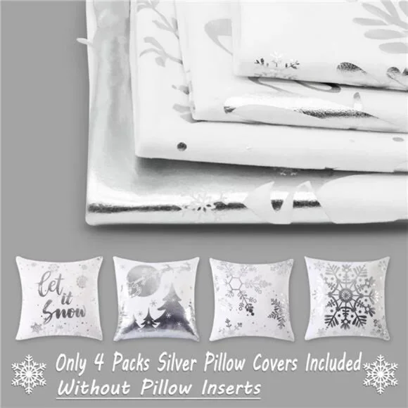 Set of 4, Christmas Decorations Silver and White Christmas Pillow Covers 18x18" - Picture 5 of 9